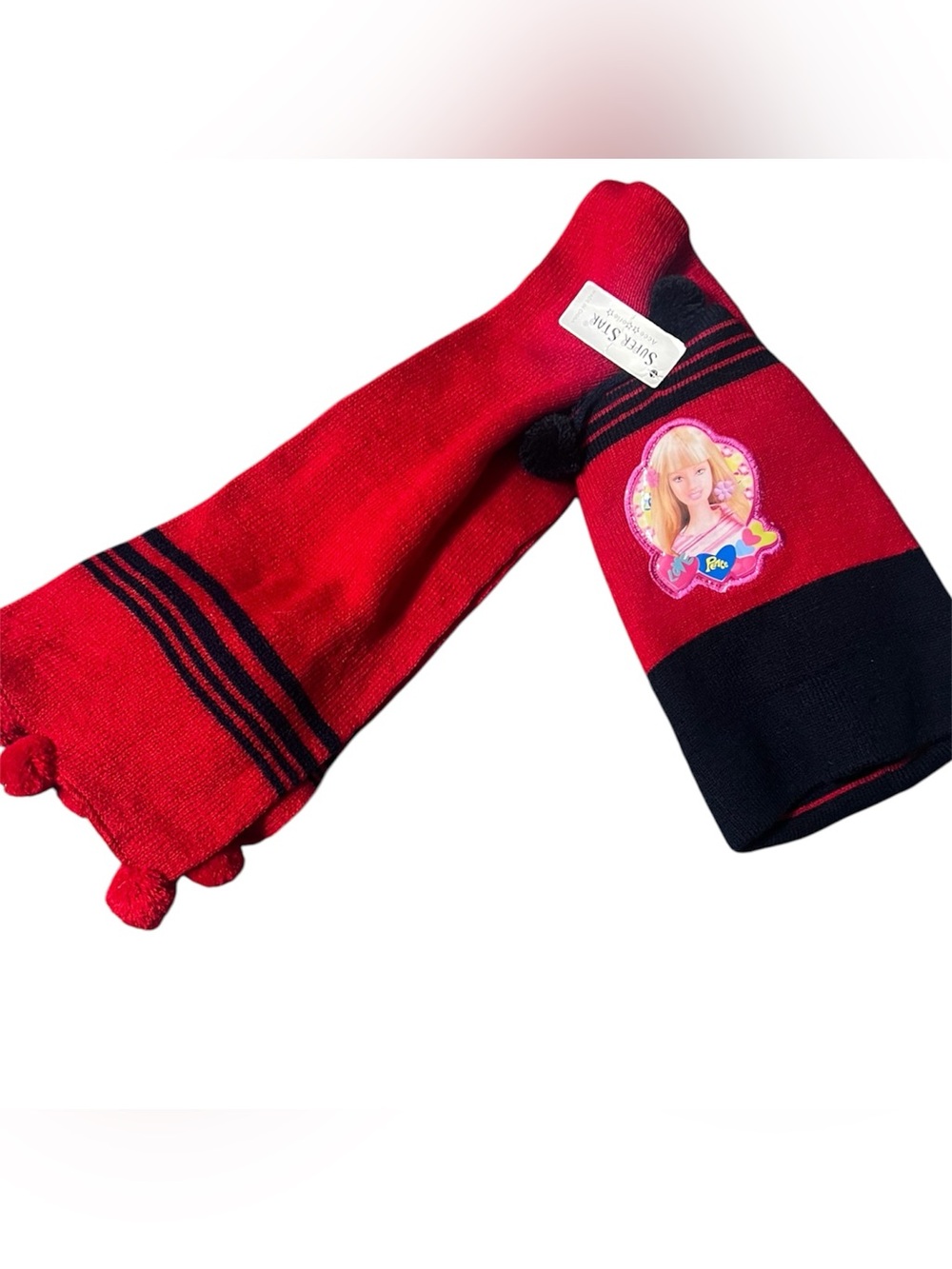 Super Star Barbie Girls Red & Black Knit Scarf and Beanie Hat Set